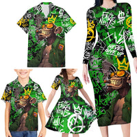 Graffiti Street Art Family Matching Long Sleeve Bodycon Dress and Hawaiian Shirt Smoking Ape Character and Neon Crown Symbols in Green and Yellow Graphic Design - Wonder Print Shop
