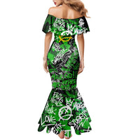 Graffiti Street Art Family Matching Mermaid Dress and Hawaiian Shirt Smoking Ape Character and Neon Crown Symbols in Green and Yellow Graphic Design - Wonder Print Shop