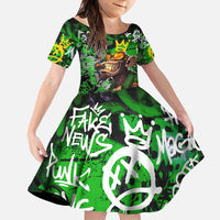 Graffiti Street Art Family Matching Off Shoulder Maxi Dress and Hawaiian Shirt Smoking Ape Character and Neon Crown Symbols in Green and Yellow Graphic Design - Wonder Print Shop