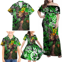Graffiti Street Art Family Matching Off Shoulder Maxi Dress and Hawaiian Shirt Smoking Ape Character and Neon Crown Symbols in Green and Yellow Graphic Design - Wonder Print Shop
