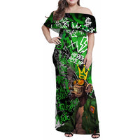 Graffiti Street Art Family Matching Off Shoulder Maxi Dress and Hawaiian Shirt Smoking Ape Character and Neon Crown Symbols in Green and Yellow Graphic Design - Wonder Print Shop