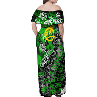 Graffiti Street Art Family Matching Off Shoulder Maxi Dress and Hawaiian Shirt Smoking Ape Character and Neon Crown Symbols in Green and Yellow Graphic Design - Wonder Print Shop