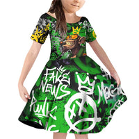 Graffiti Street Art Family Matching Off Shoulder Short Dress and Hawaiian Shirt Smoking Ape Character and Neon Crown Symbols in Green and Yellow Graphic Design - Wonder Print Shop
