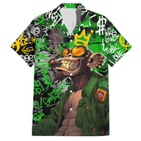 Graffiti Street Art Family Matching Off Shoulder Short Dress and Hawaiian Shirt Smoking Ape Character and Neon Crown Symbols in Green and Yellow Graphic Design - Wonder Print Shop