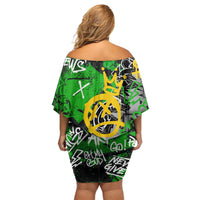 Graffiti Street Art Family Matching Off Shoulder Short Dress and Hawaiian Shirt Smoking Ape Character and Neon Crown Symbols in Green and Yellow Graphic Design - Wonder Print Shop