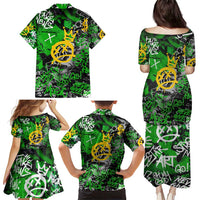 Graffiti Street Art Family Matching Puletasi and Hawaiian Shirt Smoking Ape Character and Neon Crown Symbols in Green and Yellow Graphic Design - Wonder Print Shop