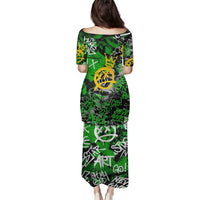 Graffiti Street Art Family Matching Puletasi and Hawaiian Shirt Smoking Ape Character and Neon Crown Symbols in Green and Yellow Graphic Design - Wonder Print Shop