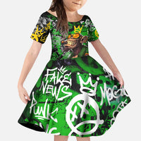 Graffiti Street Art Family Matching Short Sleeve Bodycon Dress and Hawaiian Shirt Smoking Ape Character and Neon Crown Symbols in Green and Yellow Graphic Design - Wonder Print Shop