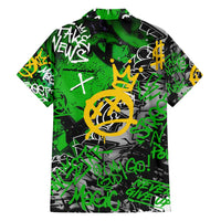 Graffiti Street Art Family Matching Short Sleeve Bodycon Dress and Hawaiian Shirt Smoking Ape Character and Neon Crown Symbols in Green and Yellow Graphic Design - Wonder Print Shop