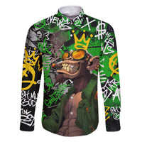 Graffiti Street Art Family Matching Short Sleeve Bodycon Dress and Hawaiian Shirt Smoking Ape Character and Neon Crown Symbols in Green and Yellow Graphic Design - Wonder Print Shop