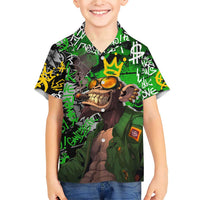Graffiti Street Art Family Matching Short Sleeve Bodycon Dress and Hawaiian Shirt Smoking Ape Character and Neon Crown Symbols in Green and Yellow Graphic Design - Wonder Print Shop