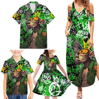 Graffiti Street Art Family Matching Summer Maxi Dress and Hawaiian Shirt Smoking Ape Character and Neon Crown Symbols in Green and Yellow Graphic Design - Wonder Print Shop