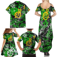 Graffiti Street Art Family Matching Summer Maxi Dress and Hawaiian Shirt Smoking Ape Character and Neon Crown Symbols in Green and Yellow Graphic Design - Wonder Print Shop
