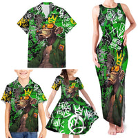 Graffiti Street Art Family Matching Tank Maxi Dress and Hawaiian Shirt Smoking Ape Character and Neon Crown Symbols in Green and Yellow Graphic Design - Wonder Print Shop