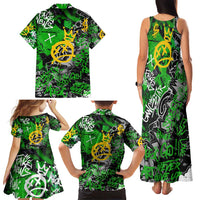 Graffiti Street Art Family Matching Tank Maxi Dress and Hawaiian Shirt Smoking Ape Character and Neon Crown Symbols in Green and Yellow Graphic Design - Wonder Print Shop