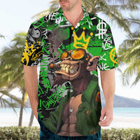 Graffiti Street Art Hawaiian Shirt Smoking Ape Character and Neon Crown Symbols in Green and Yellow Graphic Design - Wonder Print Shop