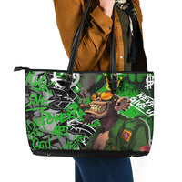 Graffiti Street Art Leather Tote Bag Smoking Ape Character and Neon Crown Symbols in Green and Yellow Graphic Design - Wonder Print Shop
