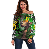 Graffiti Street Art Off Shoulder Sweater Smoking Ape Character and Neon Crown Symbols in Green and Yellow Graphic Design - Wonder Print Shop
