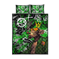 Graffiti Street Art Quilt Bed Set Smoking Ape Character and Neon Crown Symbols in Green and Yellow Graphic Design - Wonder Print Shop