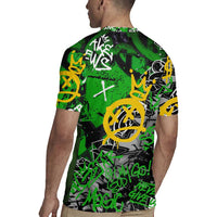 Graffiti Street Art Rugby Jersey Smoking Ape Character and Neon Crown Symbols in Green and Yellow Graphic Design - Wonder Print Shop