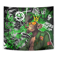Graffiti Street Art Tapestry Smoking Ape Character and Neon Crown Symbols in Green and Yellow Graphic Design - Wonder Print Shop