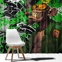 Graffiti Street Art Window Curtain Smoking Ape Character and Neon Crown Symbols in Green and Yellow Graphic Design - Wonder Print Shop