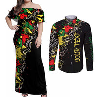 Lion King Africa Graffiti Street Art Couples Matching Off Shoulder Maxi Dress and Long Sleeve Button Shirt Bold Text and Neon Colors Design - Wonder Print Shop