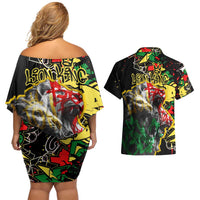 Lion King Africa Graffiti Street Art Couples Matching Off Shoulder Short Dress and Hawaiian Shirt Bold Text and Neon Colors Design - Wonder Print Shop