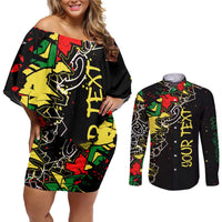 Lion King Africa Graffiti Street Art Couples Matching Off Shoulder Short Dress and Long Sleeve Button Shirt Bold Text and Neon Colors Design - Wonder Print Shop