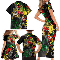 Lion King Africa Graffiti Street Art Family Matching Short Sleeve Bodycon Dress and Hawaiian Shirt Bold Text and Neon Colors Design - Wonder Print Shop