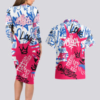Statue of Liberty Graffiti Street Art Couples Matching Long Sleeve Bodycon Dress and Hawaiian Shirt America Text and 4th of July Theme in Red White and Blue Design - Wonder Print Shop