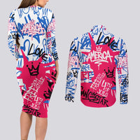 Statue of Liberty Graffiti Street Art Couples Matching Long Sleeve Bodycon Dress and Long Sleeve Button Shirt America Text and 4th of July Theme in Red White and Blue Design - Wonder Print Shop