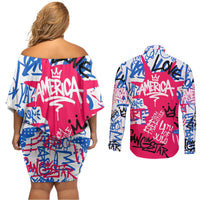 Statue of Liberty Graffiti Street Art Couples Matching Off Shoulder Short Dress and Long Sleeve Button Shirt America Text and 4th of July Theme in Red White and Blue Design - Wonder Print Shop