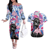 Statue of Liberty Graffiti Street Art Couples Matching Off The Shoulder Long Sleeve Dress and Hawaiian Shirt America Text and 4th of July Theme in Red White and Blue Design - Wonder Print Shop