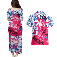 Statue of Liberty Graffiti Street Art Couples Matching Puletasi and Hawaiian Shirt America Text and 4th of July Theme in Red White and Blue Design - Wonder Print Shop