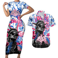 Statue of Liberty Graffiti Street Art Couples Matching Short Sleeve Bodycon Dress and Hawaiian Shirt America Text and 4th of July Theme in Red White and Blue Design - Wonder Print Shop