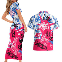 Statue of Liberty Graffiti Street Art Couples Matching Short Sleeve Bodycon Dress and Hawaiian Shirt America Text and 4th of July Theme in Red White and Blue Design - Wonder Print Shop