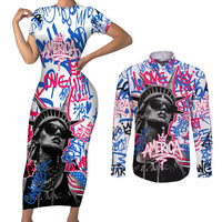 Statue of Liberty Graffiti Street Art Couples Matching Short Sleeve Bodycon Dress and Long Sleeve Button Shirt America Text and 4th of July Theme in Red White and Blue Design - Wonder Print Shop