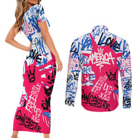 Statue of Liberty Graffiti Street Art Couples Matching Short Sleeve Bodycon Dress and Long Sleeve Button Shirt America Text and 4th of July Theme in Red White and Blue Design - Wonder Print Shop