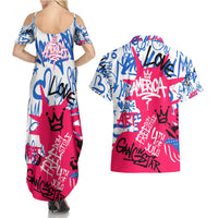 Statue of Liberty Graffiti Street Art Couples Matching Summer Maxi Dress and Hawaiian Shirt America Text and 4th of July Theme in Red White and Blue Design - Wonder Print Shop