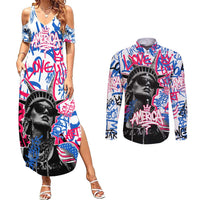 Statue of Liberty Graffiti Street Art Couples Matching Summer Maxi Dress and Long Sleeve Button Shirt America Text and 4th of July Theme in Red White and Blue Design - Wonder Print Shop