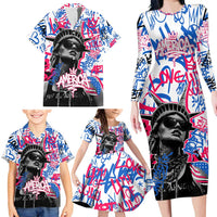 Statue of Liberty Graffiti Street Art Family Matching Long Sleeve Bodycon Dress and Hawaiian Shirt America Text and 4th of July Theme in Red White and Blue Design - Wonder Print Shop