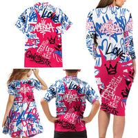 Statue of Liberty Graffiti Street Art Family Matching Long Sleeve Bodycon Dress and Hawaiian Shirt America Text and 4th of July Theme in Red White and Blue Design - Wonder Print Shop
