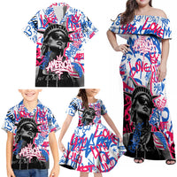 Statue of Liberty Graffiti Street Art Family Matching Off Shoulder Maxi Dress and Hawaiian Shirt America Text and 4th of July Theme in Red White and Blue Design - Wonder Print Shop