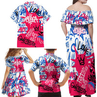 Statue of Liberty Graffiti Street Art Family Matching Off Shoulder Maxi Dress and Hawaiian Shirt America Text and 4th of July Theme in Red White and Blue Design - Wonder Print Shop