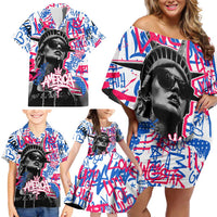 Statue of Liberty Graffiti Street Art Family Matching Off Shoulder Short Dress and Hawaiian Shirt America Text and 4th of July Theme in Red White and Blue Design - Wonder Print Shop