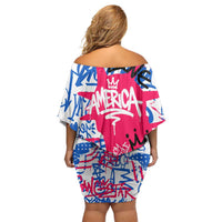 Statue of Liberty Graffiti Street Art Family Matching Off Shoulder Short Dress and Hawaiian Shirt America Text and 4th of July Theme in Red White and Blue Design - Wonder Print Shop