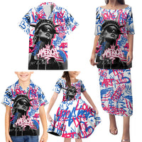 Statue of Liberty Graffiti Street Art Family Matching Puletasi and Hawaiian Shirt America Text and 4th of July Theme in Red White and Blue Design - Wonder Print Shop