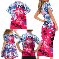 Statue of Liberty Graffiti Street Art Family Matching Short Sleeve Bodycon Dress and Hawaiian Shirt America Text and 4th of July Theme in Red White and Blue Design - Wonder Print Shop