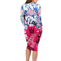 Statue of Liberty Graffiti Street Art Long Sleeve Bodycon Dress America Text and 4th of July Theme in Red White and Blue Design - Wonder Print Shop